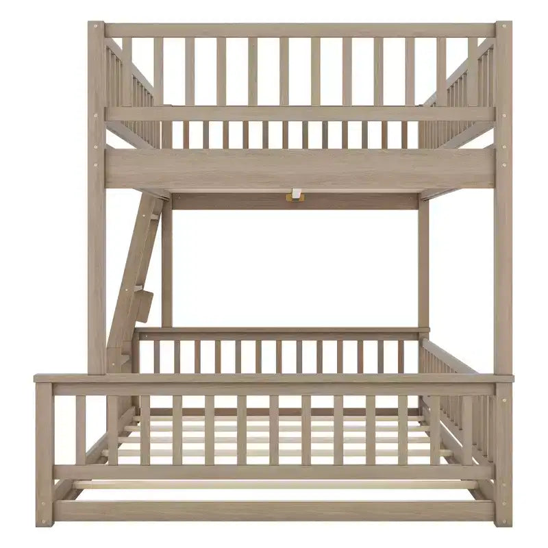 Litera Full XL sobre Queen con escalera y barandales – Estructura de madera marrón