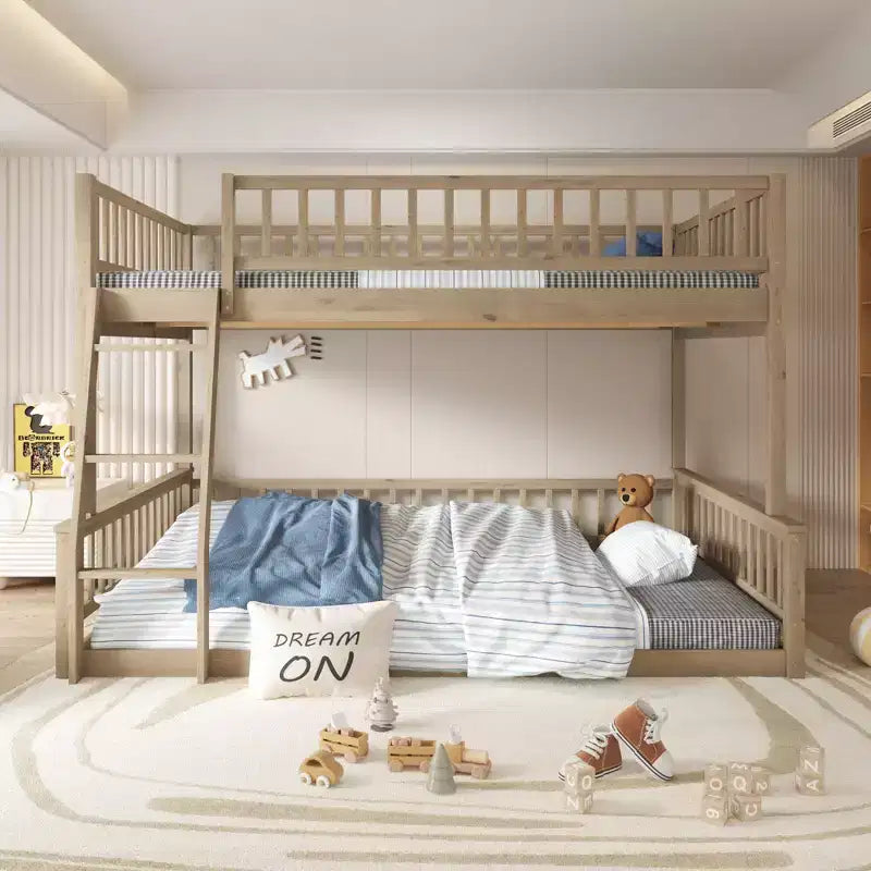 Litera Full XL sobre Queen con escalera y barandales – Estructura de madera marrón