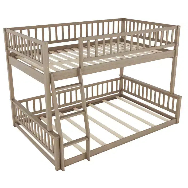 Litera Full XL sobre Queen con escalera y barandales – Estructura de madera marrón