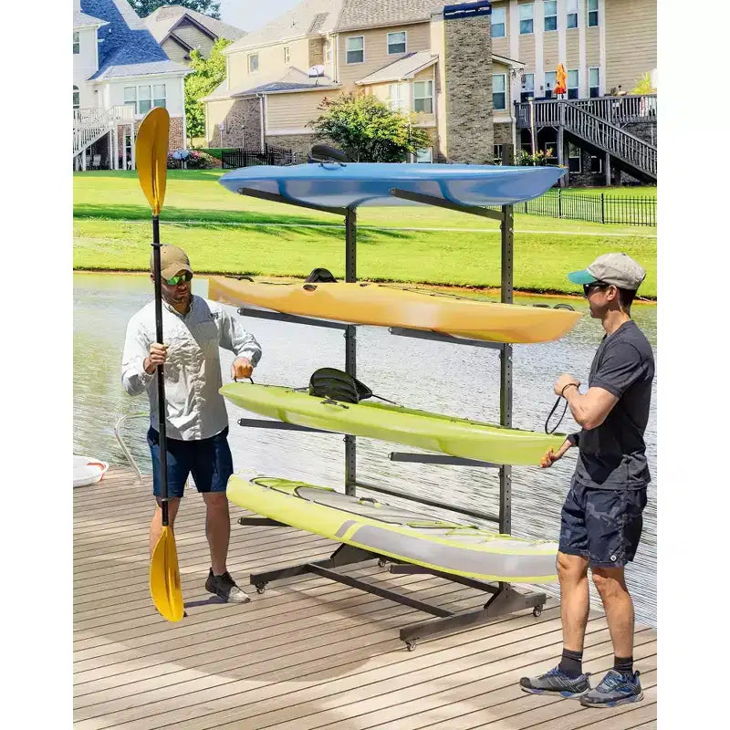 Soporte de almacenamiento para 2 kayaks – Resistente, ajustable, ruedas con seguro, para interior/exterior