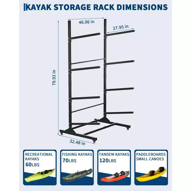 Soporte de almacenamiento para 2 kayaks – Resistente, ajustable, ruedas con seguro, para interior/exterior