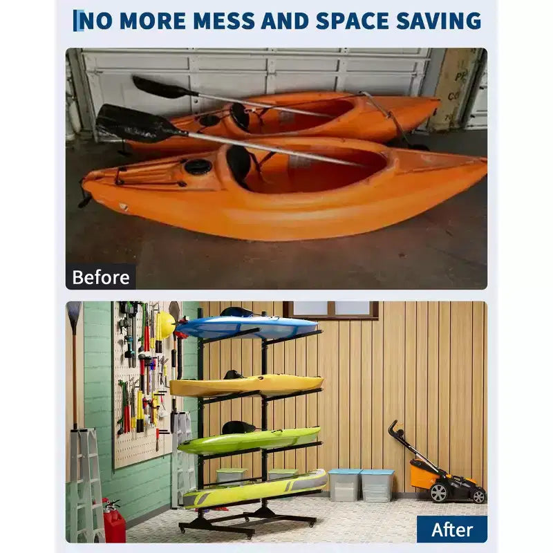 Soporte de almacenamiento para 2 kayaks – Resistente, ajustable, ruedas con seguro, para interior/exterior