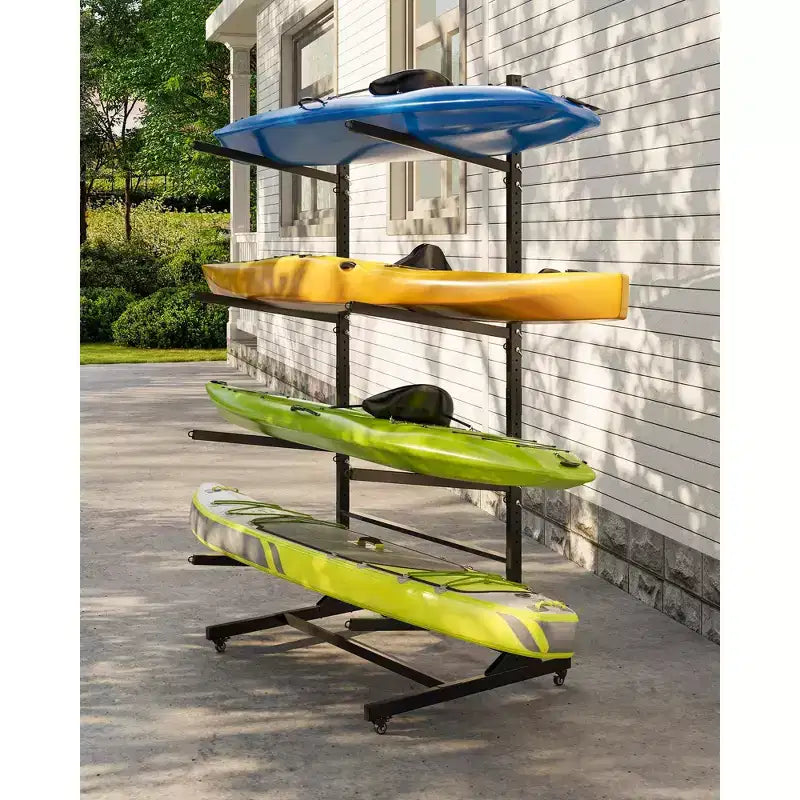 Soporte de almacenamiento para 2 kayaks – Resistente, ajustable, ruedas con seguro, para interior/exterior