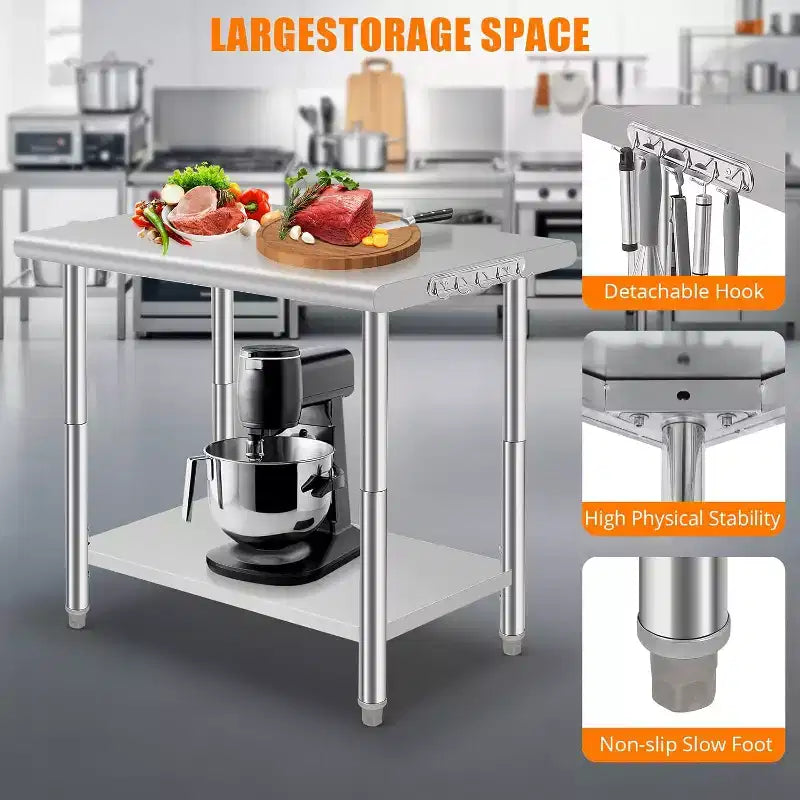 36*24*35in Commercial Kitchen Prep Work Table with Adjustable Under Shelf, Stainless Steel Utility Table for Restaurant Garage Hotel, Rounded Edge