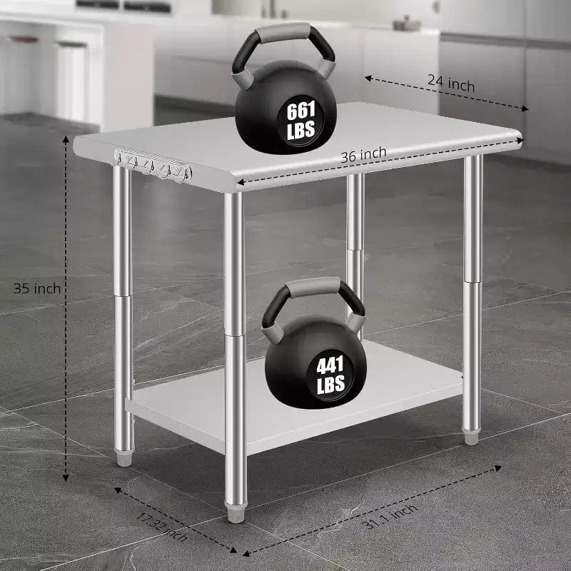 Mesa de trabajo de preparación de cocina comercial de 36*24*35 pulgadas con estante inferior ajustable, mesa de utilidad de acero inoxidable para restaurante, garaje, hotel, borde redondeado