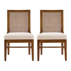 Sillas de comedor tapizadas de madera de caucho con respaldo de ratán – Juego de 2