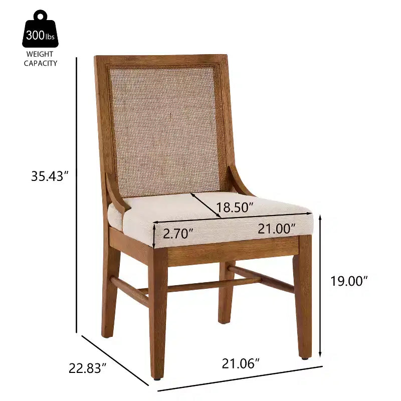 Sillas de comedor tapizadas de madera de caucho con respaldo de ratán – Juego de 2