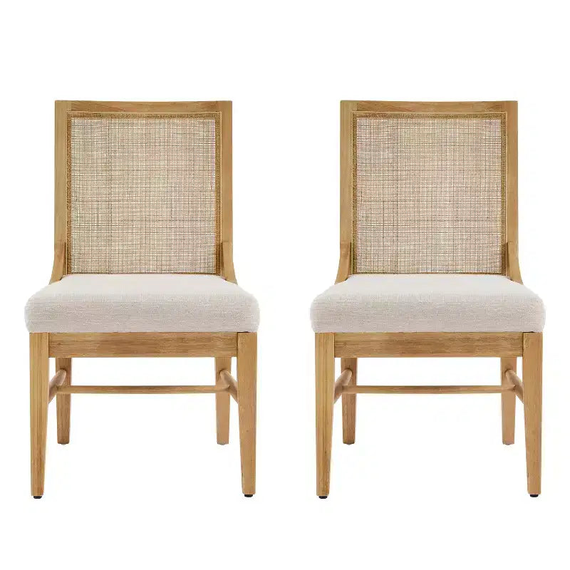 Sillas de comedor tapizadas de madera de caucho con respaldo de ratán – Juego de 2