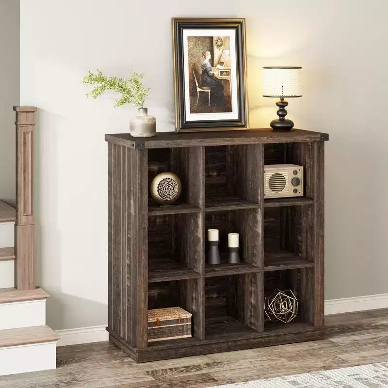 Estantería organizadora de 9 cubos – Librería horizontal estilo rústico de 4 niveles, 95 cm de madera