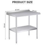 Mesa de preparación y trabajo de acero inoxidable con salpicadero – Estante inferior ajustable, grado comercial