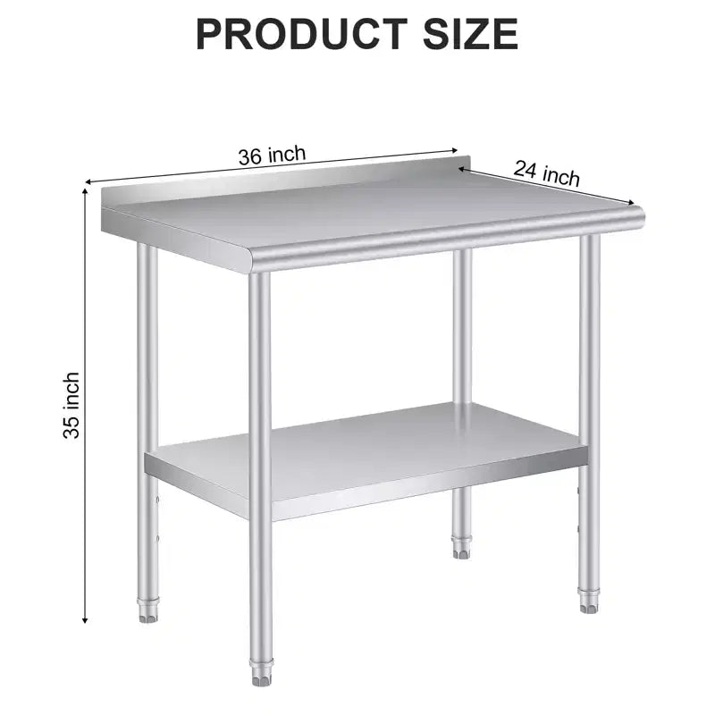 Mesa de preparación y trabajo de acero inoxidable con salpicadero – Estante inferior ajustable, grado comercial