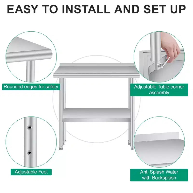 Mesa de preparación y trabajo de acero inoxidable con salpicadero – Estante inferior ajustable, grado comercial