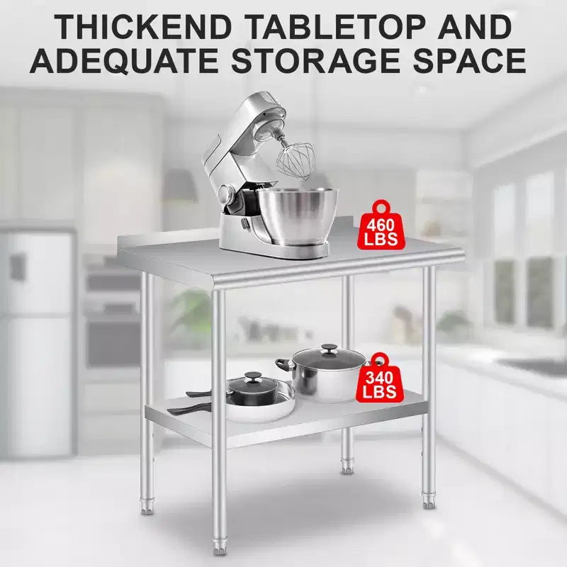 Mesa de preparación y trabajo de acero inoxidable con salpicadero – Estante inferior ajustable, grado comercial