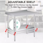 Mesa de preparación y trabajo de acero inoxidable con salpicadero – Estante inferior ajustable, grado comercial