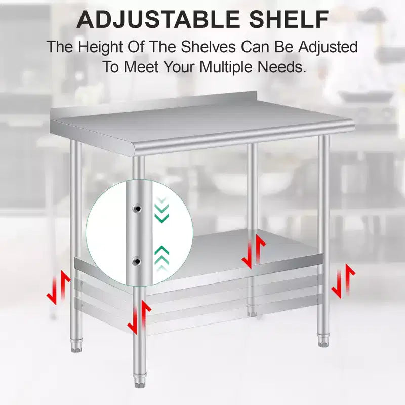 Mesa de preparación y trabajo de acero inoxidable con salpicadero – Estante inferior ajustable, grado comercial