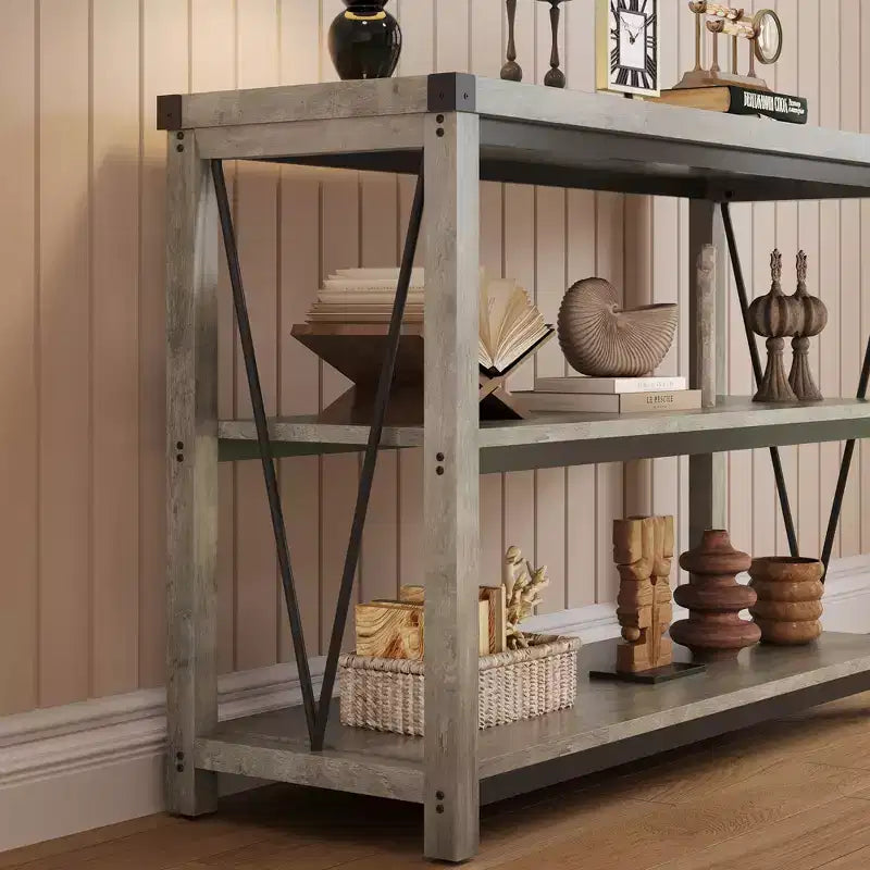 Mesa consola rústica con almacenamiento, mesa de sofá estrecha de 120 cm y mesa de entrada para sala de estar, mueble auxiliar de pasillo de madera de 3 niveles