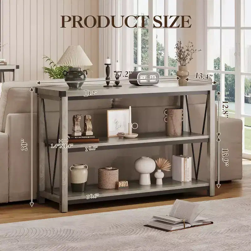 Mesa consola rústica con almacenamiento, mesa de sofá estrecha de 120 cm y mesa de entrada para sala de estar, mueble auxiliar de pasillo de madera de 3 niveles