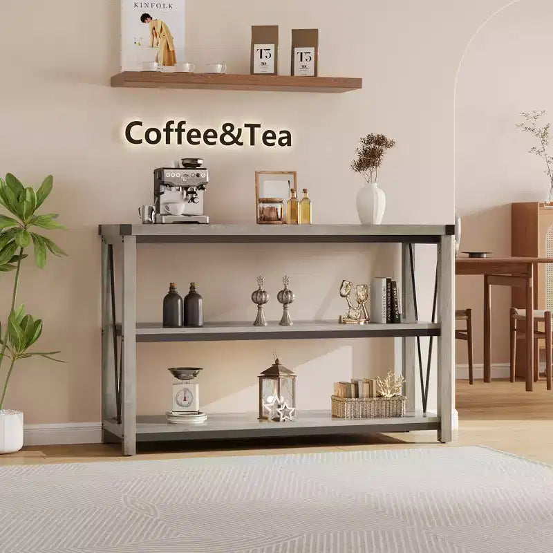 Mesa consola rústica con almacenamiento, mesa de sofá estrecha de 120 cm y mesa de entrada para sala de estar, mueble auxiliar de pasillo de madera de 3 niveles