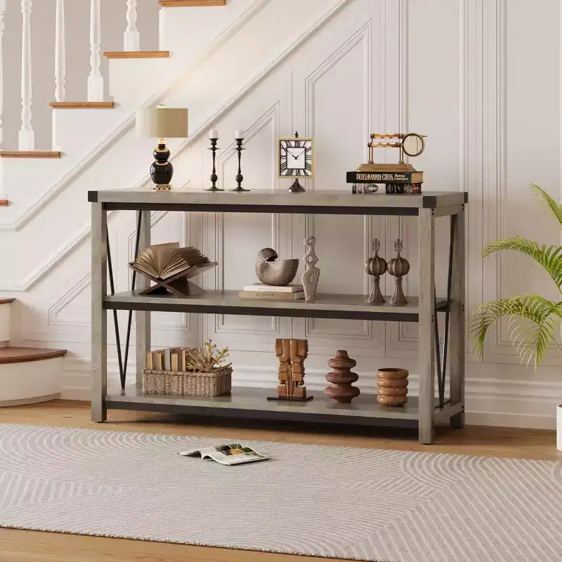 Mesa consola rústica con almacenamiento, mesa de sofá estrecha de 120 cm y mesa de entrada para sala de estar, mueble auxiliar de pasillo de madera de 3 niveles