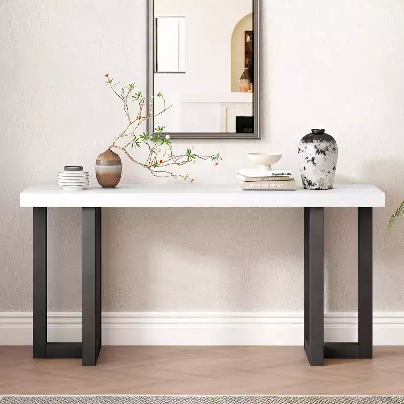 Mesa consola de madera única con diseño geométrico, mesa de entrada de madera moderna para sala de estar y recibidor