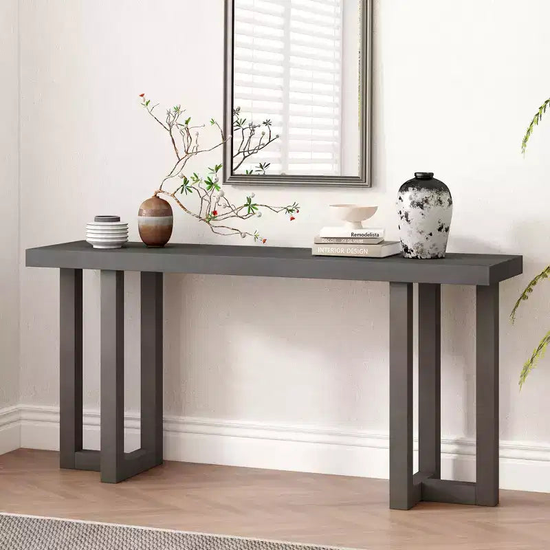 Mesa consola de madera única con diseño geométrico, mesa de entrada de madera moderna para sala de estar y recibidor