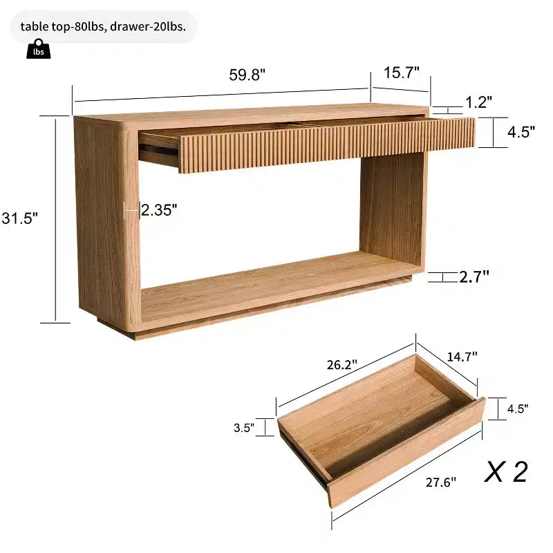 Mesa consola de chapa de madera rústica – Mesa de sofá/recibidor acanalada de 2 cajones para sala de estar