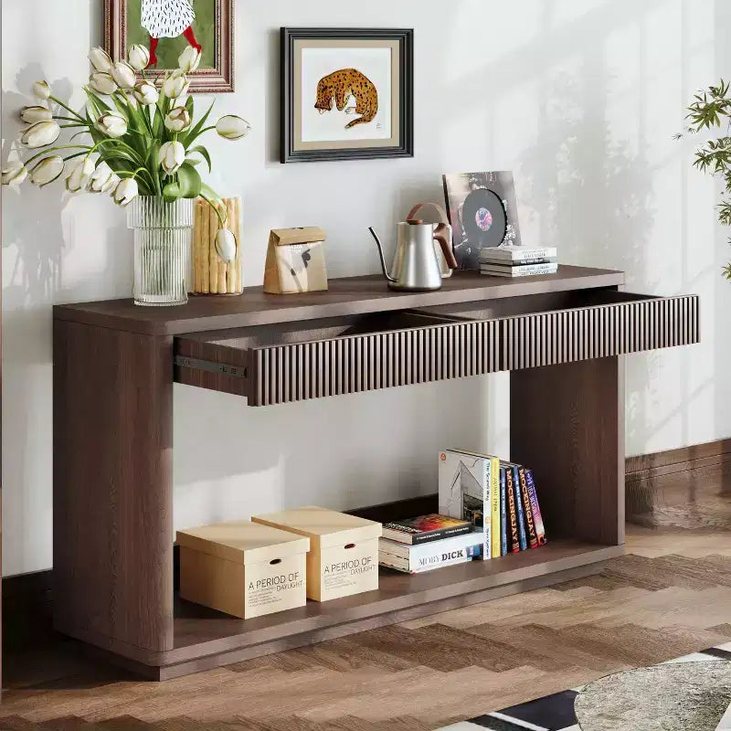 Mesa consola de chapa de madera rústica – Mesa de sofá/recibidor acanalada de 2 cajones para sala de estar