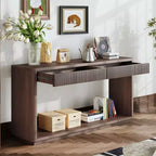 Mesa consola de chapa de madera rústica – Mesa de sofá/recibidor acanalada de 2 cajones para sala de estar