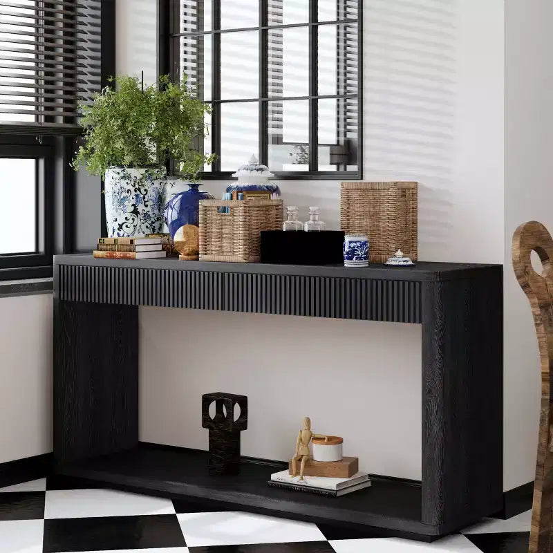 Mesa consola de chapa de madera rústica – Mesa de sofá/recibidor acanalada de 2 cajones para sala de estar