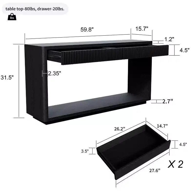 Mesa consola de chapa de madera rústica – Mesa de sofá/recibidor acanalada de 2 cajones para sala de estar