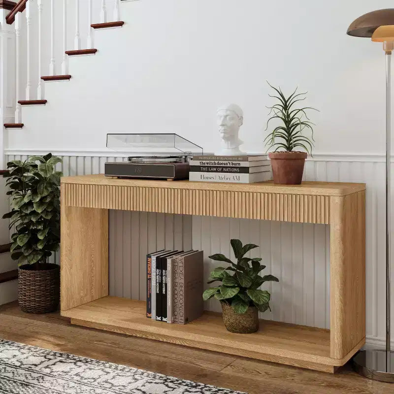 Mesa consola de chapa de madera rústica – Mesa de sofá/recibidor acanalada de 2 cajones para sala de estar