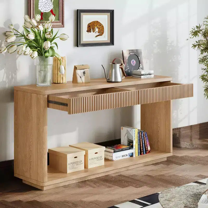 Mesa consola de chapa de madera rústica – Mesa de sofá/recibidor acanalada de 2 cajones para sala de estar