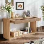 Mesa consola de chapa de madera rústica – Mesa de sofá/recibidor acanalada de 2 cajones para sala de estar