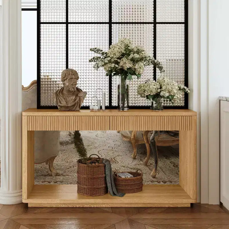 Mesa consola de chapa de madera rústica – Mesa de sofá/recibidor acanalada de 2 cajones para sala de estar