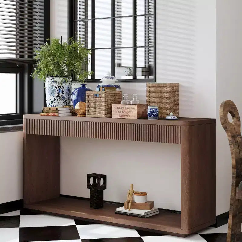 Mesa consola de chapa de madera rústica – Mesa de sofá/recibidor acanalada de 2 cajones para sala de estar