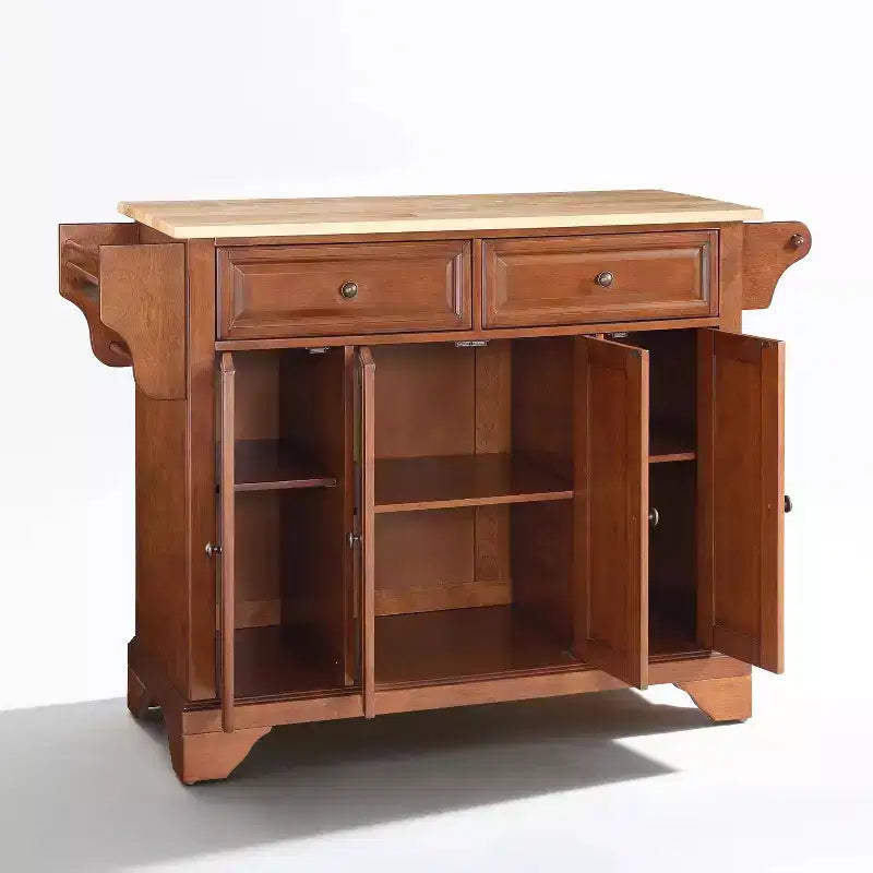 Isla/Carrito de Cocina de Tamaño Completo – Cubierta de Madera, Acabado Cerezo/Natural