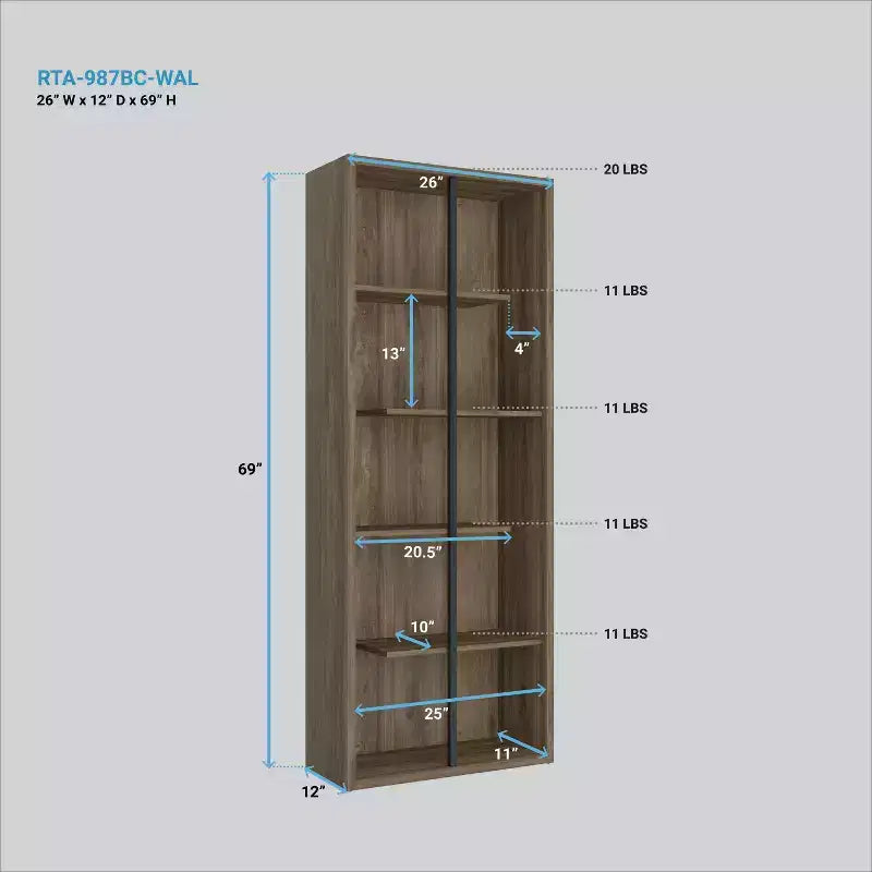 Estantería de madera de 5 estantes estándar – Nogal, estilo moderno, MDF, 5 estantes abiertos, 175 cm de alto