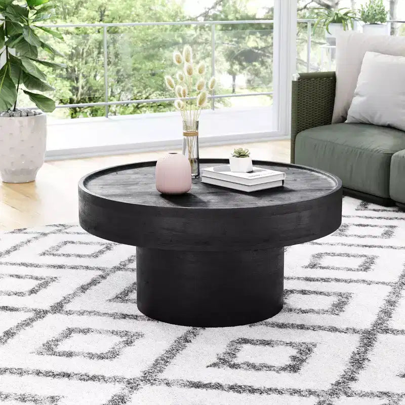 Mesa de centro The Dalles – Madera de mango, negra, base de pedestal moderna, no requiere montaje