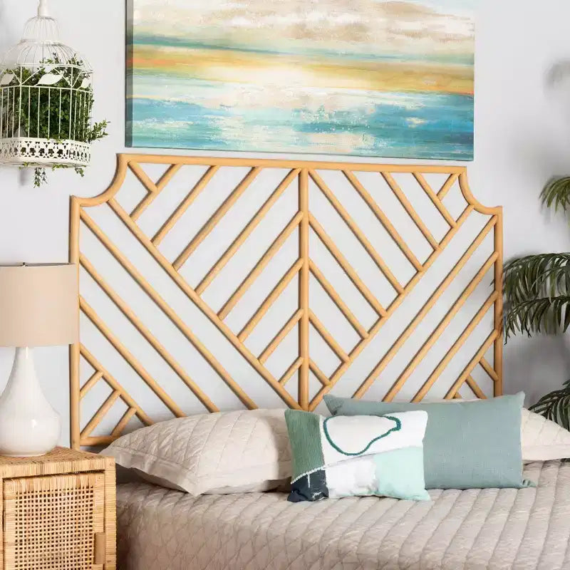 Cabecero de pared Queen Rattan – Natural/Marrón, patrón de chevrón hecho a mano