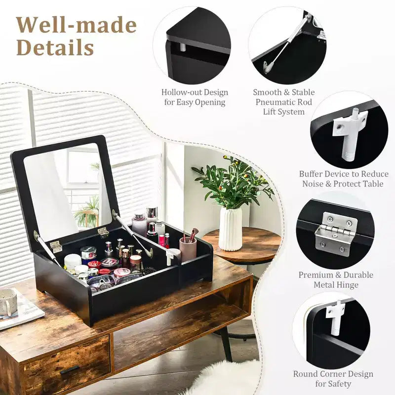 Tocador 2 en 1 con espejo elevable, caja de almacenamiento de sobremesa (para maquillaje/portátil), negro