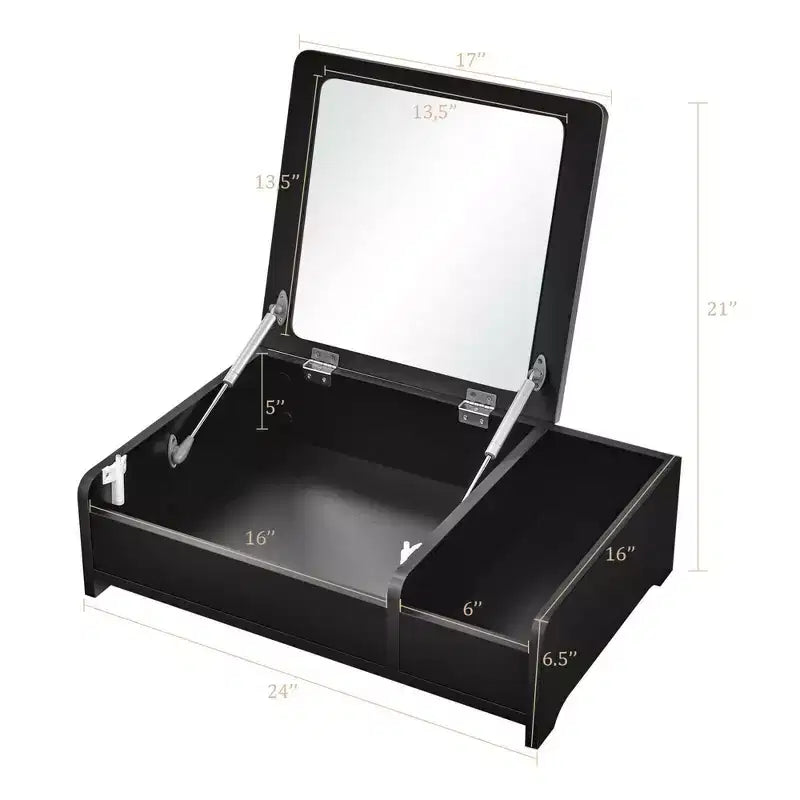 Tocador 2 en 1 con espejo elevable, caja de almacenamiento de sobremesa (para maquillaje/portátil), negro