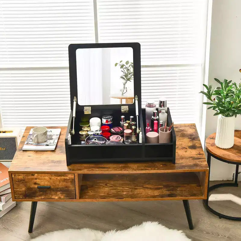 Tocador 2 en 1 con espejo elevable, caja de almacenamiento de sobremesa (para maquillaje/portátil), negro