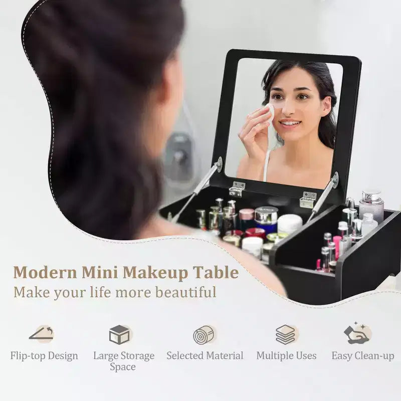 Tocador 2 en 1 con espejo elevable, caja de almacenamiento de sobremesa (para maquillaje/portátil), negro