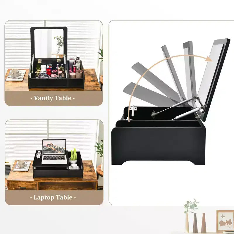Tocador 2 en 1 con espejo elevable, caja de almacenamiento de sobremesa (para maquillaje/portátil), negro