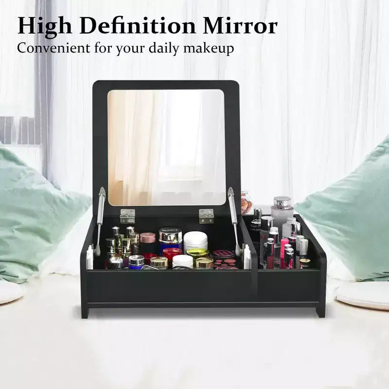 Tocador 2 en 1 con espejo elevable, caja de almacenamiento de sobremesa (para maquillaje/portátil), negro