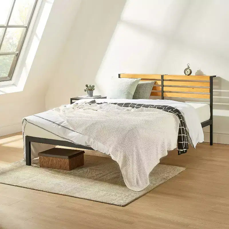 Kasi Cama de plataforma de metal con estante en el cabecero – Negro, no requiere somier