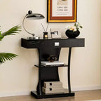 Mesa Consola en Forma de T – Cajón, Estantes, Kits Antivuelco, Recibidor/Entrada Moderno, Negra