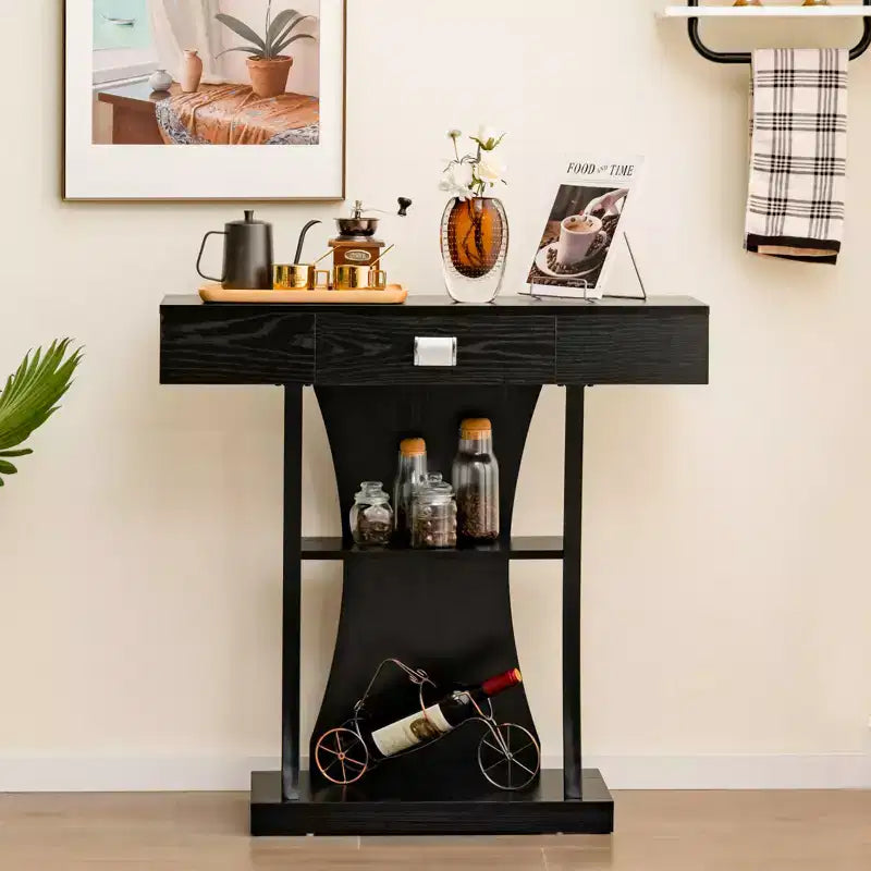 Mesa Consola en Forma de T – Cajón, Estantes, Kits Antivuelco, Recibidor/Entrada Moderno, Negra
