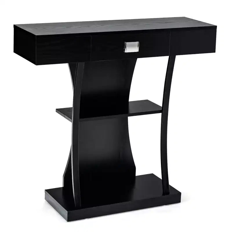 Mesa Consola en Forma de T – Cajón, Estantes, Kits Antivuelco, Recibidor/Entrada Moderno, Negra