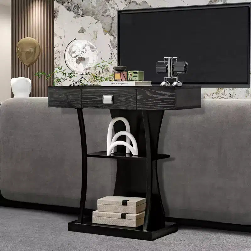 Mesa Consola en Forma de T – Cajón, Estantes, Kits Antivuelco, Recibidor/Entrada Moderno, Negra